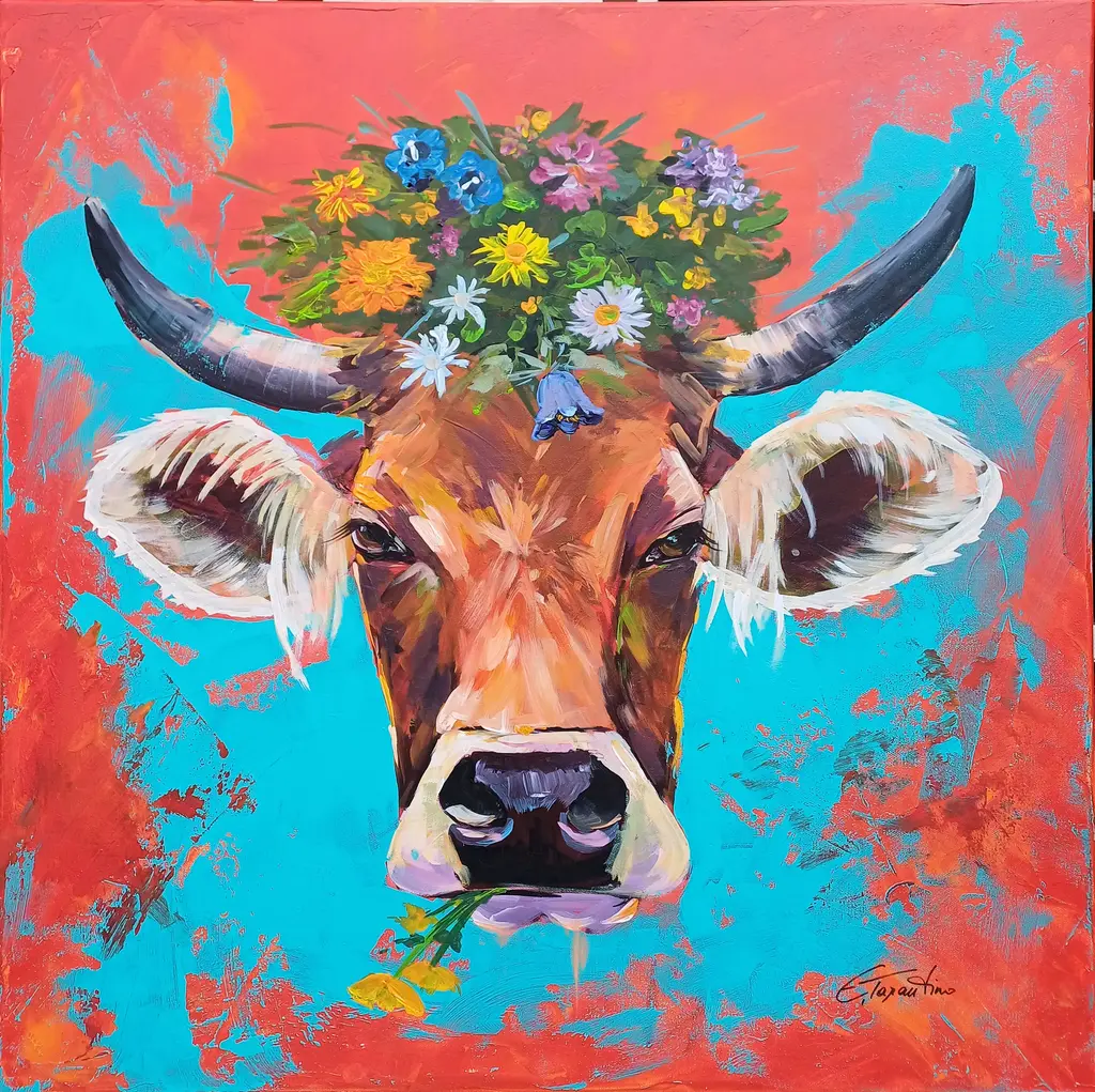 Almabtrieb - Traditionelles Kuhportrait Acrylbild auf Leinwand 80x80cm von Arte Tarantino